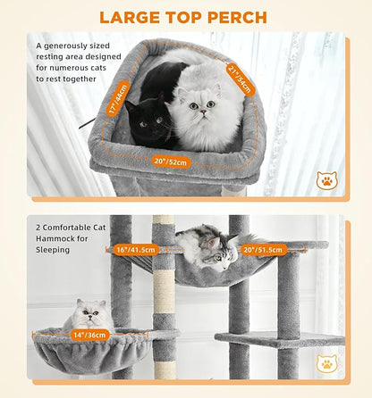 Made4Pets Tall Cat Tree, 71 Inches Cat Tree Tower for Indoor Cats Large Adult, Plush Multi-Level Cat Tower with 5 Scratching Posts, 2 Hammock, Condo and Perch, Big Cat House Indoor, Grey