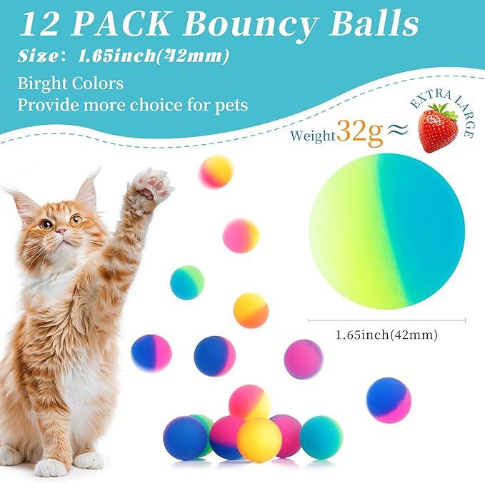 Cat Toy Bouncy Balls, 12 Pack 1.65 Inch High Elasticity Bouncing Balls for Cats, Colorful Interactive Pet Toy Gift for Puppy Kitty Indoor Play and Exercise