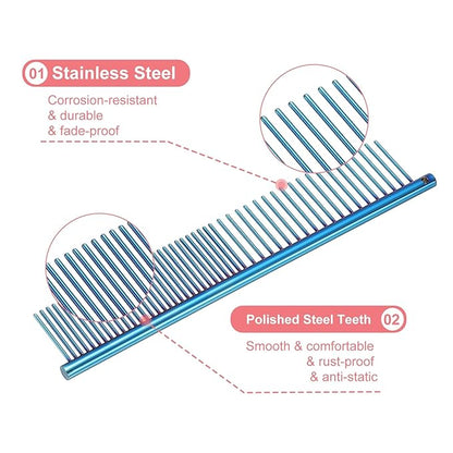 Dog Cat Comb, Pet Combs Stainless Steel Teeth with Rounded Ends for Knots Mats Loose Hair Removal, 6.5IN (Blue Plated, 3 Pack), Grooming Tool Intended for Long Curly Hair Pet