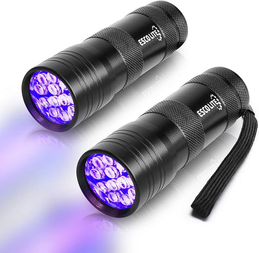 ESCO LITE 2 Packs Black Light Flashlight, 12LED 395nm UV Handheld Black Light Mini Flashlight, Dogs Urine Detector for Dry Urine Stains, Bed Bugs, Scorpions