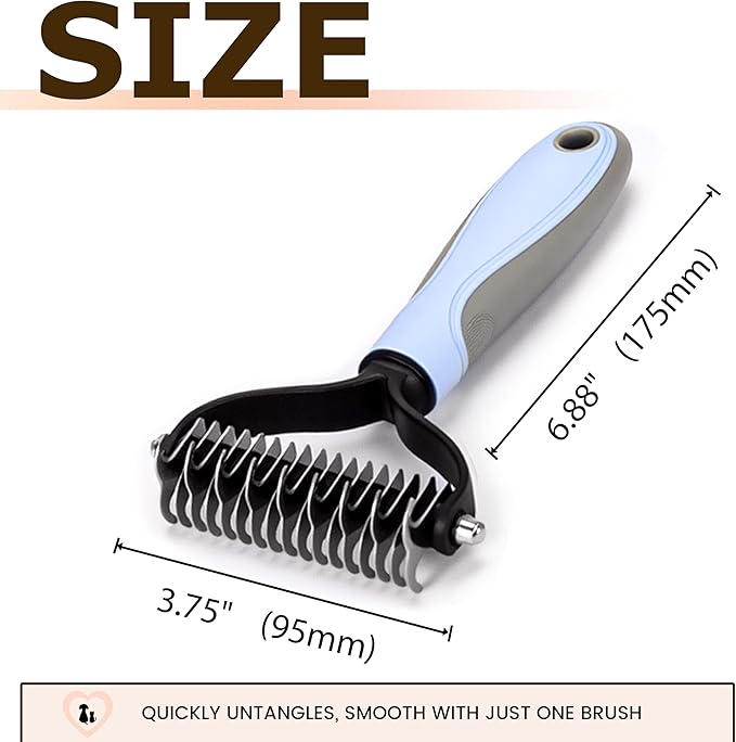 Double Sided Undercoat Rake for Dogs & Cats, 2-in-1 Dematting Tool & Deshedding Brush, Grooming Comb for Removing Mats, Tangles and Loose Fur (Blue)