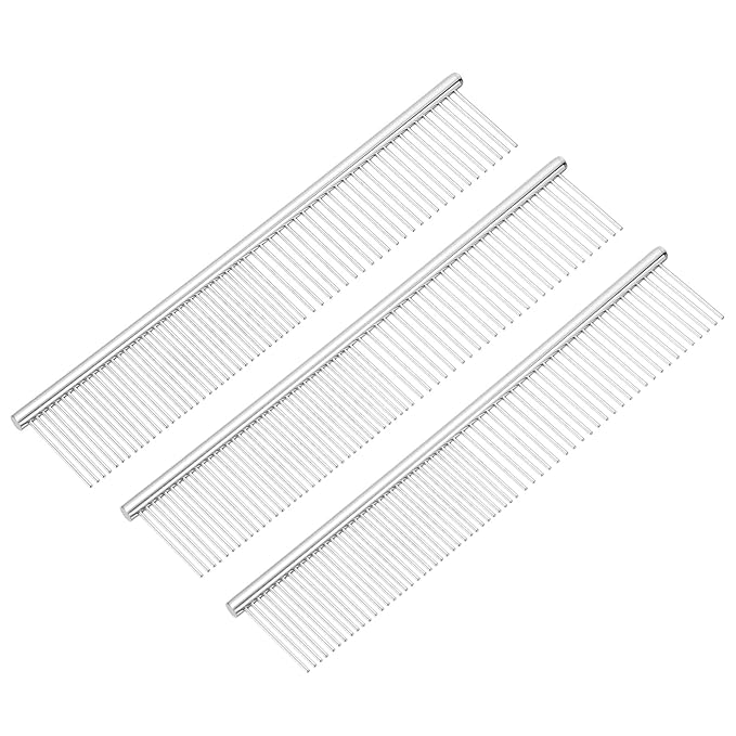 Dog Cat Comb, Pet Combs Stainless Steel Teeth with Rounded Ends for Knots Mats Loose Hair Removal, 7.5IN (Silver, 3 Pack), Grooming Tool Intended for Long Curly Hair Pet