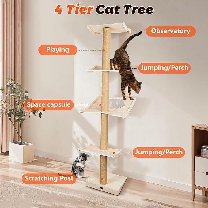 Cat Tree, 4-Tier Cat Tower 76" Tall Against Wall Cats Climbing Tower with Rotatable Scratching Posts, Cat Shelves Perch and Hanging Toy Ball, Cat Tree Tower for Indoor Cats