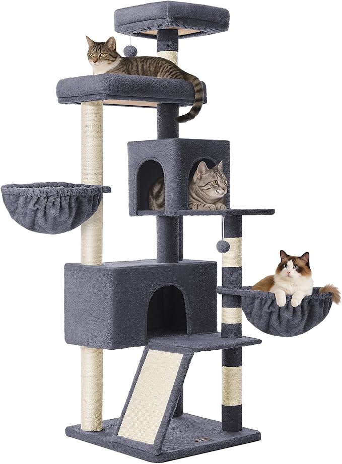 Feandrea Large Cat Tree Tower, 68.5-Inch Tall Cat Condo with Large Perch, Scratching Posts, Double Caves, Dark Gray UPCT006G02