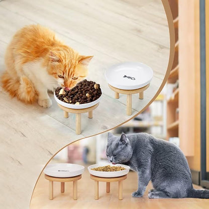 Shallow Elevated Cat Bowls with Bamboo Stand, 5.9 Inch Wide Ceramic Cat Dish Whisker Friendly,Pet Food and Water Plates