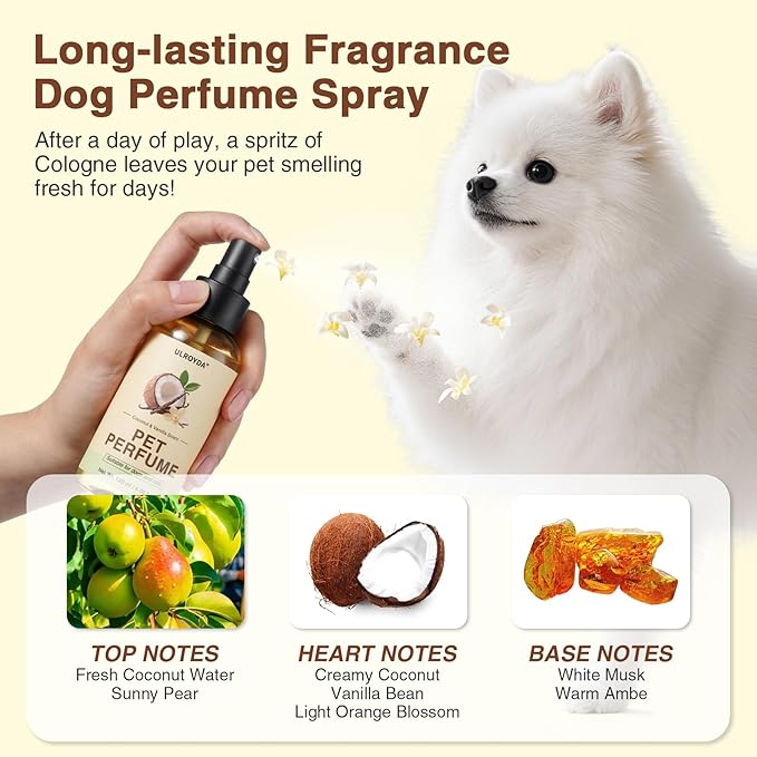Dog Cologne & Pet Perfume – Long-Lasting Coconut & Vanilla Scent | Alcohol-Free Deodorizing Spray for Dogs & Cats, Gentle Non-sticky Grooming Formula, 4.06 oz