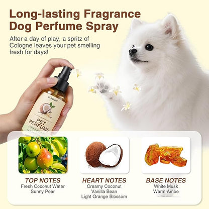 Dog Cologne & Pet Perfume – Long-Lasting Coconut & Vanilla Scent | Alcohol-Free Deodorizing Spray for Dogs & Cats, Gentle Non-sticky Grooming Formula, 4.06 oz