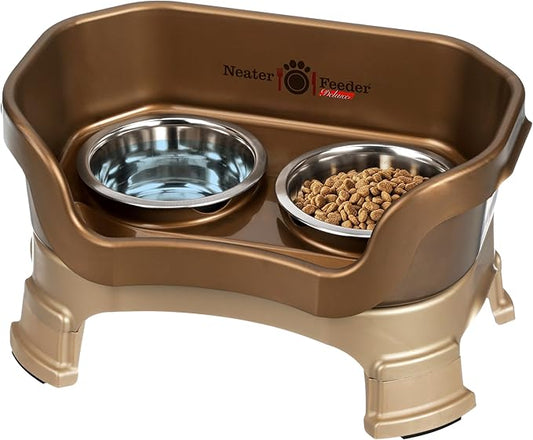 Neater Feeder Deluxe Mess Proof Cat Bowls Elevated for All Breeds – Made in USA – No Spill Raised Cat Bowls for Indoor Cats w/Leg Extensions – Stainless Steel Cat Food and Water Bowl Set - Bronze
