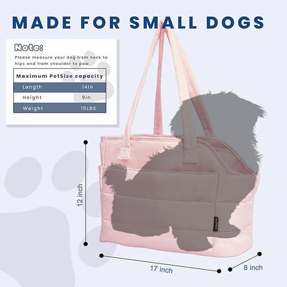 Lightweight Dog Purse Carrier for Small Dogs Under 15 lbs, Puffy Quilted Pet Carrier Tote for Puppies with Safety Leash Clip, Women's Hands-Free Dog Carrier Bag for Travel/Shopping (Pink)