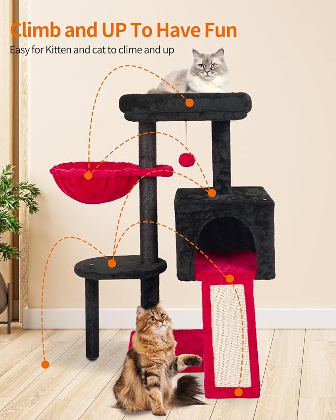 FISH&NAP Cute Cat Tree Kitten Cat Tower for Indoor Cat Condo Sisal Scratching Posts with Jump Platform Cat Furniture Activity Center Play House RedBlack