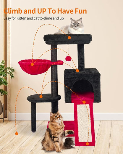FISH&NAP Cute Cat Tree Kitten Cat Tower for Indoor Cat Condo Sisal Scratching Posts with Jump Platform Cat Furniture Activity Center Play House RedBlack