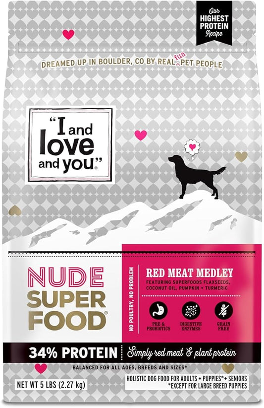 I and love and you Nude Super Food Dry Dog Food - Red Meat Medley - Prebiotic + Probiotic, Grain Free, Real Meat, No Fillers, 5lb Bag
