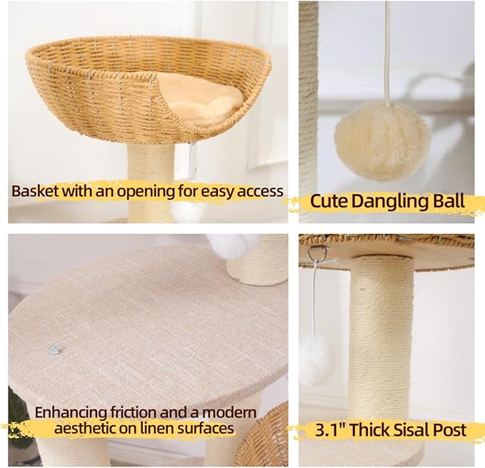 SHENGOCASE Modern Cat Tree Tower, Wooden Condo, 3 Large Rattan Wicker Basket Beds, Window Perch for Cats up to 20 lbs