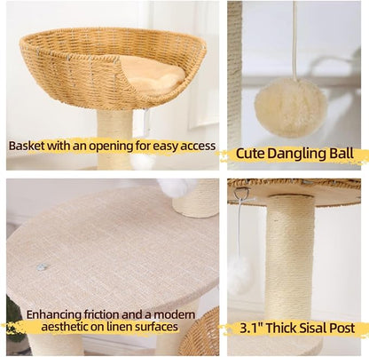 SHENGOCASE Modern Cat Tree Tower, Wooden Condo, 3 Large Rattan Wicker Basket Beds, Window Perch for Cats up to 20 lbs