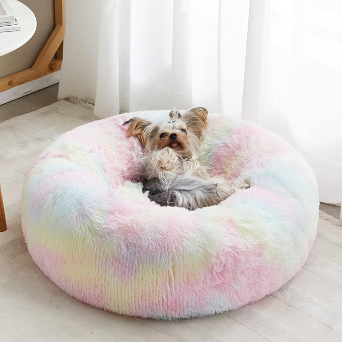WNPETHOME Calming Dog Bed Cat Bed Donut, Faux Fur Pet Bed Self-Warming Donut Cuddler, Comfortable Round Plush Dog Beds