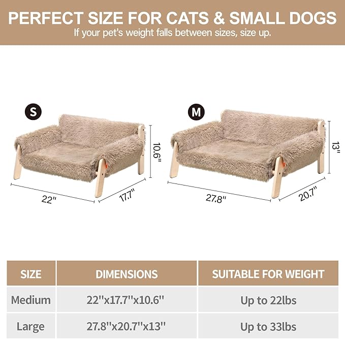 MEWOOFUN Cat Couch Bed, Pet Sofa for Indoor Cats Wooden Indoor Elevated Cat Beds with Removable Mattress Cover Suitable for Kitty, Puppy or Small Animal (Brown, Large)