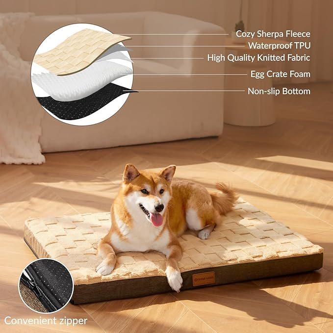 Patas Lague Orthopedic Dog Bed Medium Size Dog 30''X20'', Waterproof Soft Warm Comfortable Egg Crate Foam Medium Pet Beds Mat with Removable Washable Cover and Nonskid Bottom, Brown
