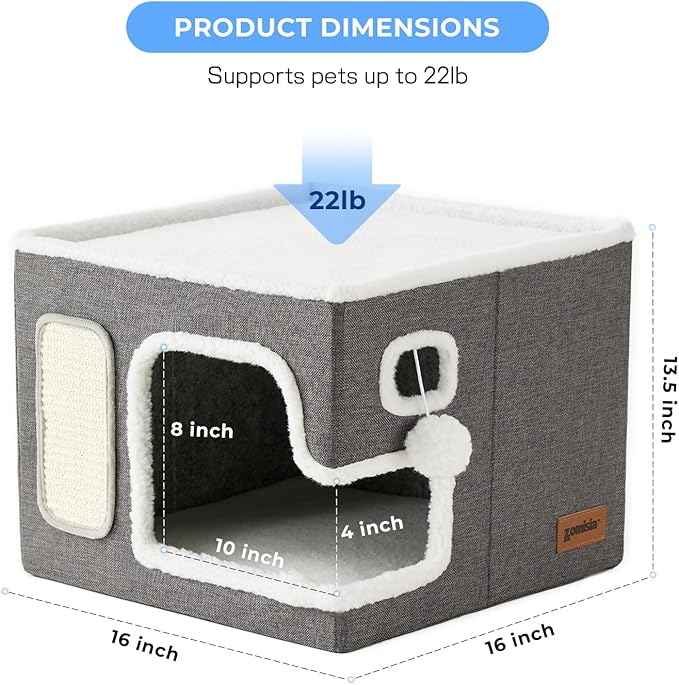ZOMISIA Cat Beds for Indoor Cats - Large Cat House for Pet with Fluffy Ball Hanging and Scratch Pad, Foldable Cat Hideaway,16.5x16.5x13 inches, Grey