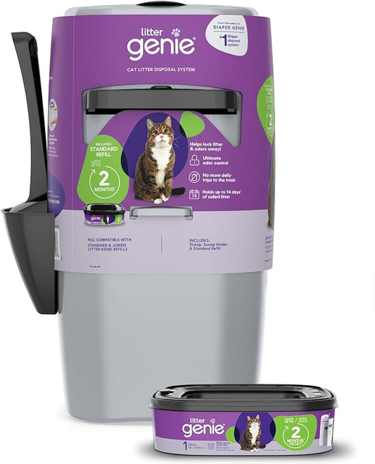 Litter Genie Standard Pail (Silver) | Cat Litter Box Waste Disposal System for Odor Control | Includes 1 Square Refill Bag