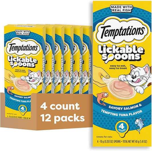 Temptations Lickable Spoons Adult Wet Cat Treat, Savory Salmon and Tempting Tuna Flavor, 4 Spoons, Pack of 12 (48 Total Treats)