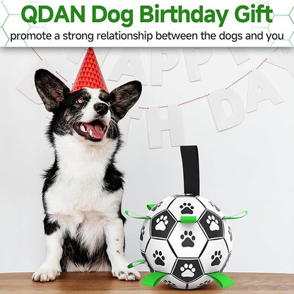 QDAN Dog Toys Dog Balls, World Cup Dog Soccer Ball with Straps, Dog Birthday, Herding Ball, Durable Balls for Small Medium Pet, Puppy Outdoor Toy (6 Inch)