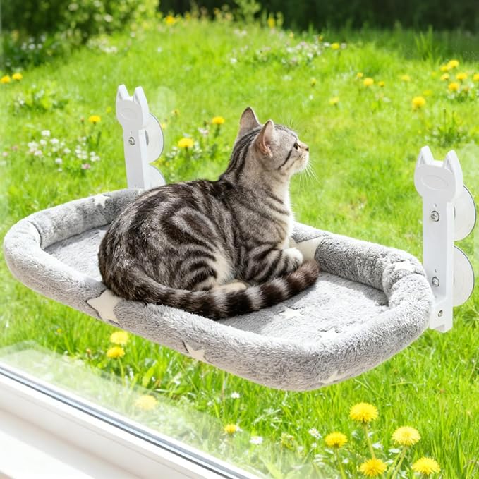 Homimp Cat Window Perch,Cordless Cat Window Hammock for Wall with 4 Strong Suction Cups,Solid Metal Frame and Two Replaceable Covers,Foldable Cats Bed for Large Cats and Kittens,Indoor Pet Seat,Grey L