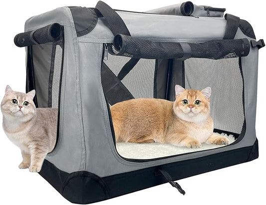 Fhiny Large Cat Carrier for 2 Cats, 24"x17"x17" Soft Dog Crate Collapsible Portable Travel Pet Carrier Bag Durable Breathable Foldable Kitten Carrier Bag for Puppy Cats Under 45 Lbs Grey