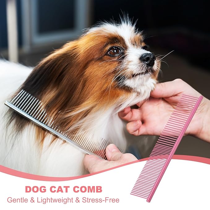 Dog Cat Comb, Pet Combs Stainless Steel Teeth with Rounded Ends for Knots Mats Loose Hair Removal, 7.5IN (Pink Coated, 3 Pack), Grooming Tool Intended for Long Curly Hair Pet
