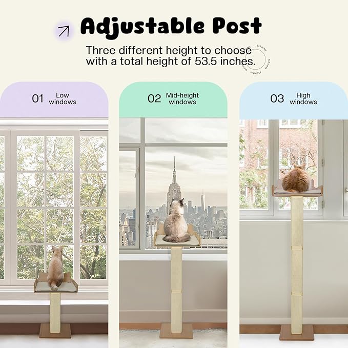 Cat Window Perch with Thick Sisal Scratching Post, Cat Hammock for Window, 53.5" Adjustable Tall Cats Scratching Post with 2 Upgrade Suction Cups, Cats Window Bed with Fluffy Cushion, Sisal