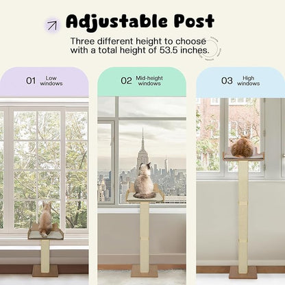 Cat Window Perch with Thick Sisal Scratching Post, Cat Hammock for Window, 53.5" Adjustable Tall Cats Scratching Post with 2 Upgrade Suction Cups, Cats Window Bed with Fluffy Cushion, Sisal