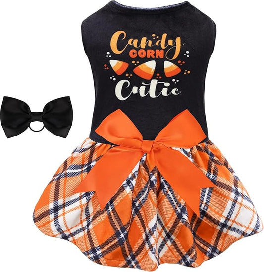 CuteBone Halloween Dog Dresses Velvet Holiday Small Dogs Clothes Onesie Pet Apparel Girl Puppy Skirt with Bow Hair Rope CVA45M-D
