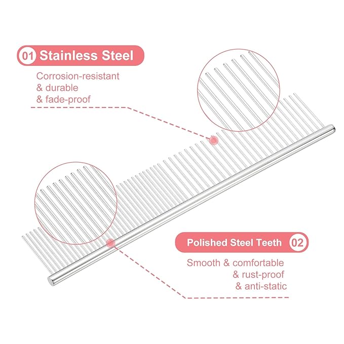Dog Cat Comb, Pet Combs Stainless Steel Teeth with Rounded Ends for Knots Mats Loose Hair Removal, 6.5/7.5IN (Silver, 2 Pack), Grooming Tool Intended for Long Curly Hair Pet