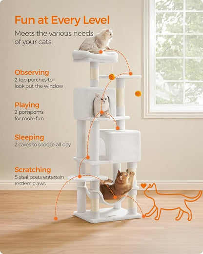 Feandrea Cat Tree, 61-Inch Cat Tower for Indoor Cats, Plush Multi-Level Cat Condo with 5 Scratching Posts, 2 Perches, 2 Caves, Hammock, 2 Pompoms, Cream White UPCT192T01