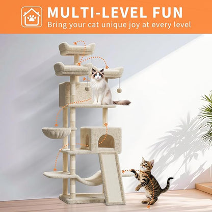 68.5 Inch Tall Cat Tree Tower, Heavy Duty Multi-Level Cat Tower with Scratching Posts, Condo, Plush Perches, Hammocks, Basket & Dangling Balls, Cat Furniture for Indoor Cats