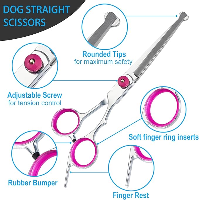 5 in 1 Premium Dog Grooming Scissors, Professional Dog Scissors for Grooming with Safety Round Tips, Lengnoyp Stainless Steel Thinning Shears, Pet Cat Shears for Grooming Kit, Pink