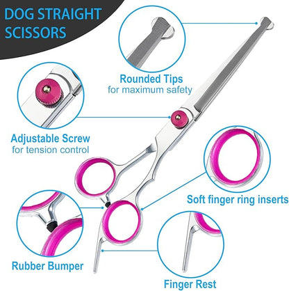 5 in 1 Premium Dog Grooming Scissors, Professional Dog Scissors for Grooming with Safety Round Tips, Lengnoyp Stainless Steel Thinning Shears, Pet Cat Shears for Grooming Kit, Pink