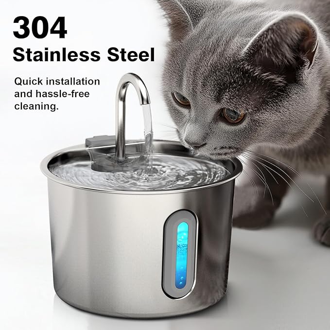 HAJXM Cat Water Fountain, 74oz/2.2L Cat Fountain for Drinking - Pet Water Fountain Stainless Steel for Cats Inside - Quiet Water Bowl Dispenser - Kitty Drinking Fountains - 4 Filters + 4 Sponges