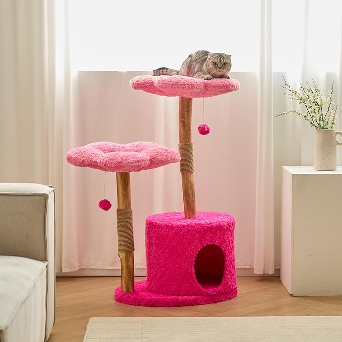 Modern Cat Tree Tower with Real Branch | Luxury Cat Condo for Large Cats | Wooden Cat Tower | Cat Scratching Tree for Cat Lover Gift （Pink ）