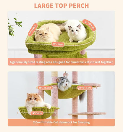 Made4Pets Tall Cat Tree, 71 Inches Cat Tree Tower for Indoor Cats Large Adult, Plush Multi-Level Cat Tower with 5 Scratching Posts, 2 Hammock, Condo and Perch, Big Cat House Indoor, Pink