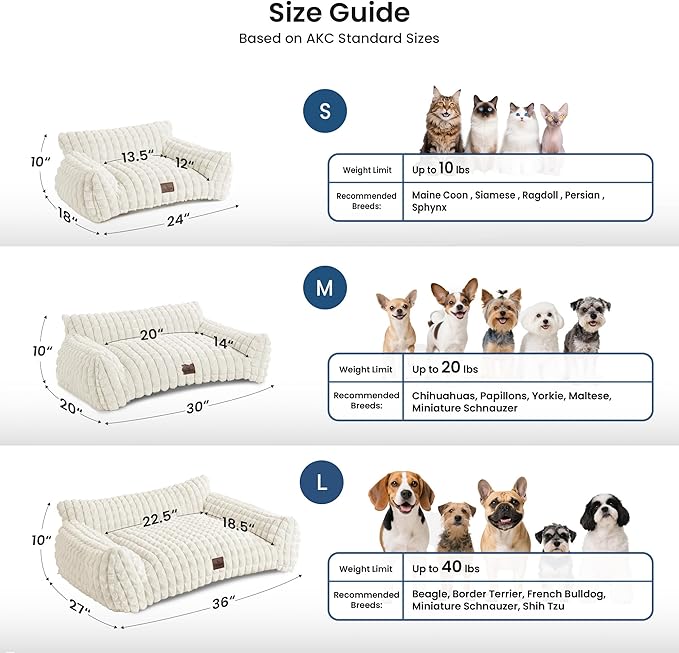 Cute Dog Couch Beds for Small/Medium Dogs/Cats, Washable Faux Rabbit Fur Pet Bed, Supportive Dog Bed with Removable Zipper Cover for Indoor Cats, 30 x 20 x10inch, Off White