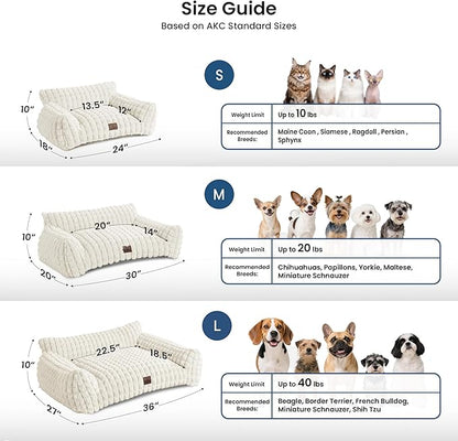 Cat Beds for Indoor Cats - Cute Cat Couch Bed Fluffy Pet Sofa with Faux Rabbit Fur Washable Cover, Fuzzy Pet Couch in 3D Diamond Pattern, Suppportive Large & Small Cats Sofa, 24inch Off White