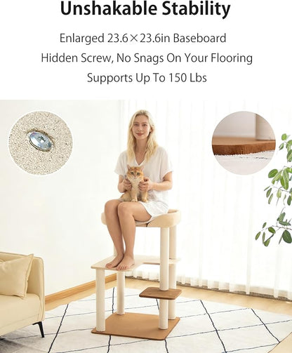 Cat Tree for Large Cats, Modern Senior Friendly Cat Tower with Wide Shelves, Cotton Scratching Posts, Super Sturdy Base, Cozy Perches, and Interactive Toys for Indoor Kittens, 37.4'' Cream