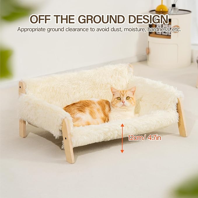 MEWOOFUN Cat Couch Bed, Pet Sofa for Indoor Cats Wooden Indoor Elevated Cat Beds with Removable Mattress Cover Suitable for Kitty, Puppy or Small Animal (Beige, Large)