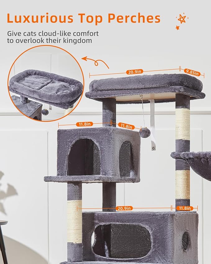 Taoqimiao Cat Tree,49-Inch Cat Tower for Indoor Cats,2 Luxurious cat condo with Adjustable Large Hanging Baskets and Large Luxurious Perch Smoky Gray MS029LG