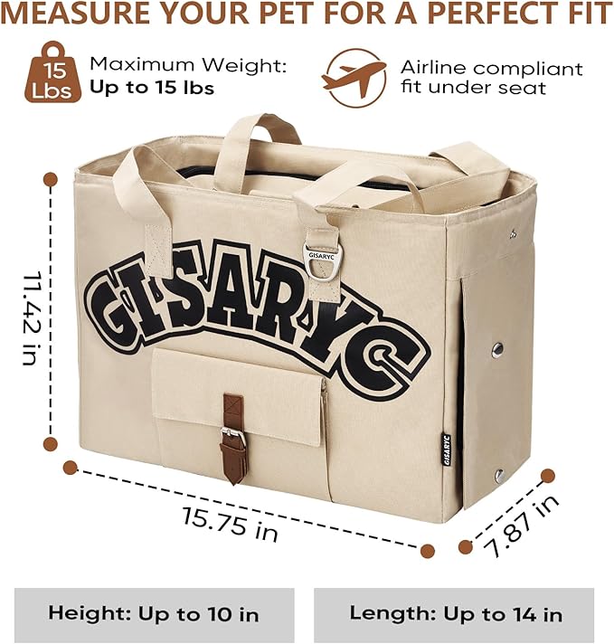 Dog Purse Carrier for Small Dogs, Cats and Puppies – Soft-Sided Foldable Pet Travel Bag with Multi Pockets, 3-Sided Mesh & Rollable Cover for Nervous Cats, Fits Pets up to 15 lbs (Beige)