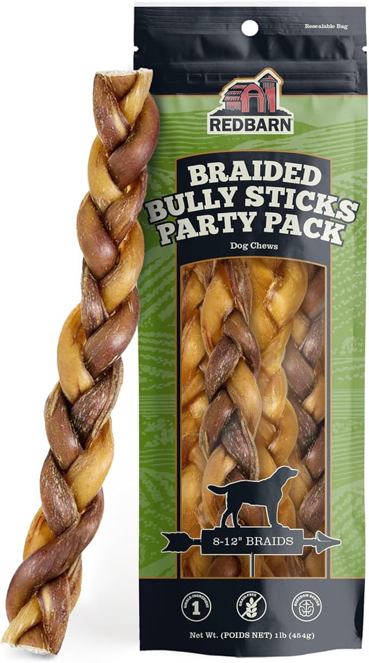 Redbarn Pet Products All Natural 8"-12" Braided Bully Sticks for Medium & Large Dogs - Healthy Long Lasting Beef Chews Variety Party Pack - Single Ingredient Low Odor Rawhide Free - 1 lb Bag