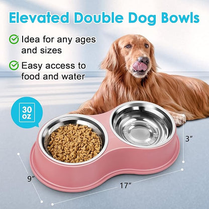 Dog Bowls Large Double Dog Water and Food Bowls Stainless Steel Bowls with Non-Slip Resin Station, Pet Feeder Bowls Food Dish for Small Medium Large Dogs Cats