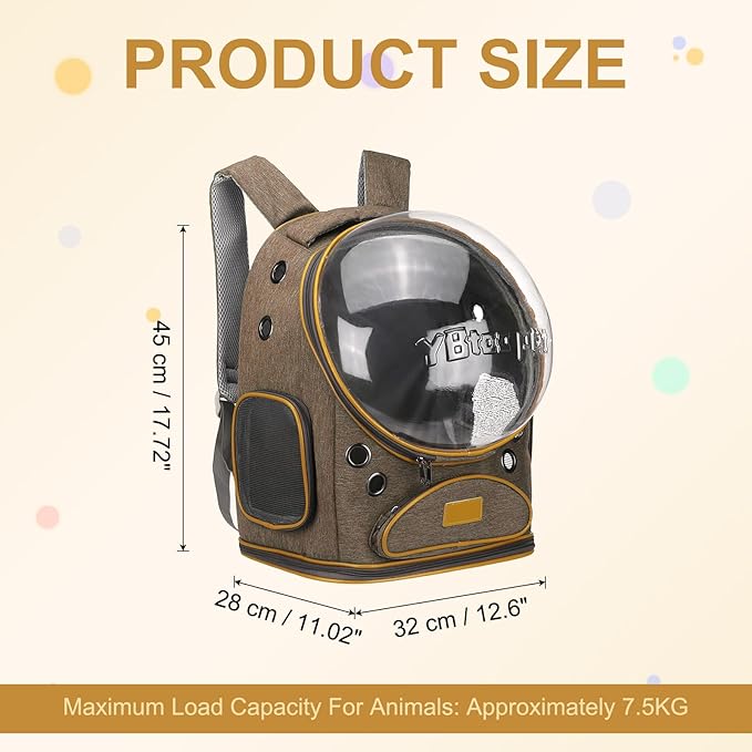 Pet Backpack Carrier, Portable and Ventilated, Oxford Cloth, Dog Cat Travel Bag with Transparent Cover 12.6", (Brown, 1 Pcs), Intended for Hiking/Camping/Traveling