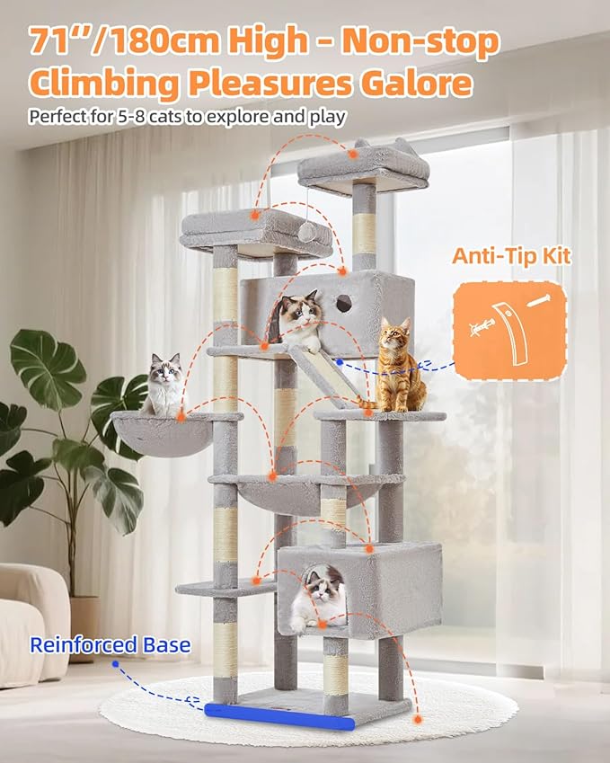 Taoqimiao Cat Tree 71-Inch, Cat Tower for Indoor Cats Large Adult, Multi-Level Large Cat Condo, 8 Sisal Scratching Posts, Metal Frame Cozy Hammock, Scratch Board, 2 Top Perches, Light Gray MS026LW