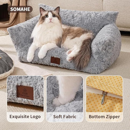Cat Couch Beds Cat Bed for Indoor Cats Washable Dog Beds for Small Dogs & Cats with Removable Cover Fluffy Sofa with Non-Slip Bottom (18.0" L X 24.0" W X 10.0" Th) Coffee